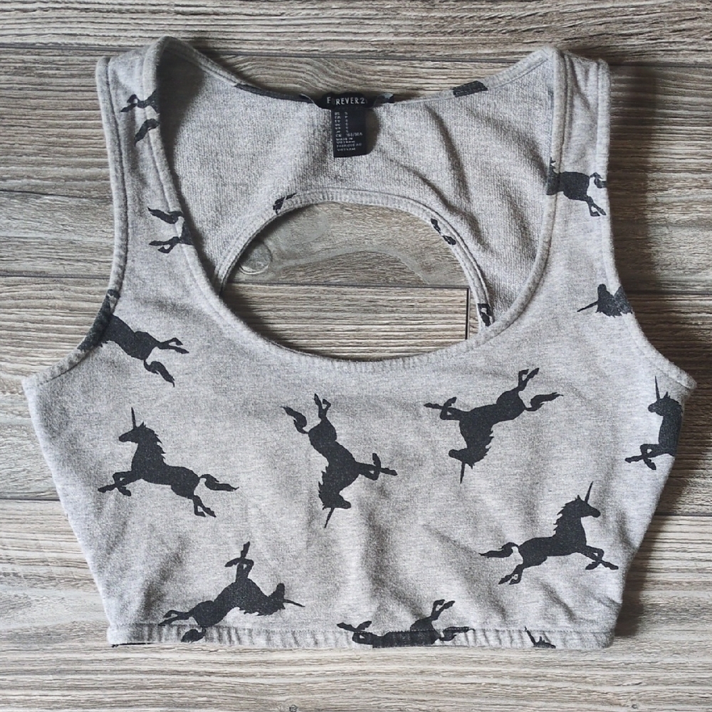 5/$25 Forever 21 Gray Unicorn Print Cropped Tank Top S